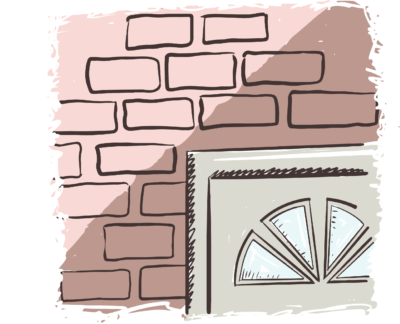 An illustration of a brick wall and door.