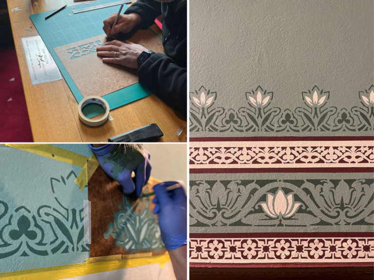 Progress shots of using a stencil to paint a border on a wall.