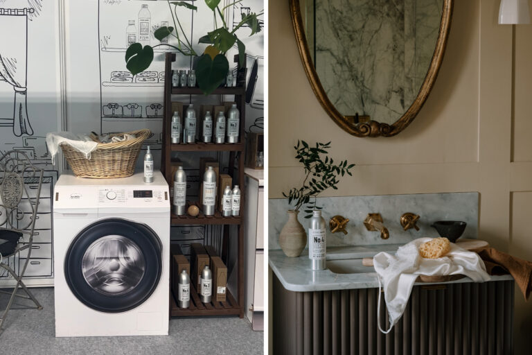 Split image of a washing machine in a laundry room and the other of a stylish bathroom sink.