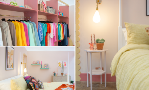 Close up photos of a colourful bedroom from three different angles.