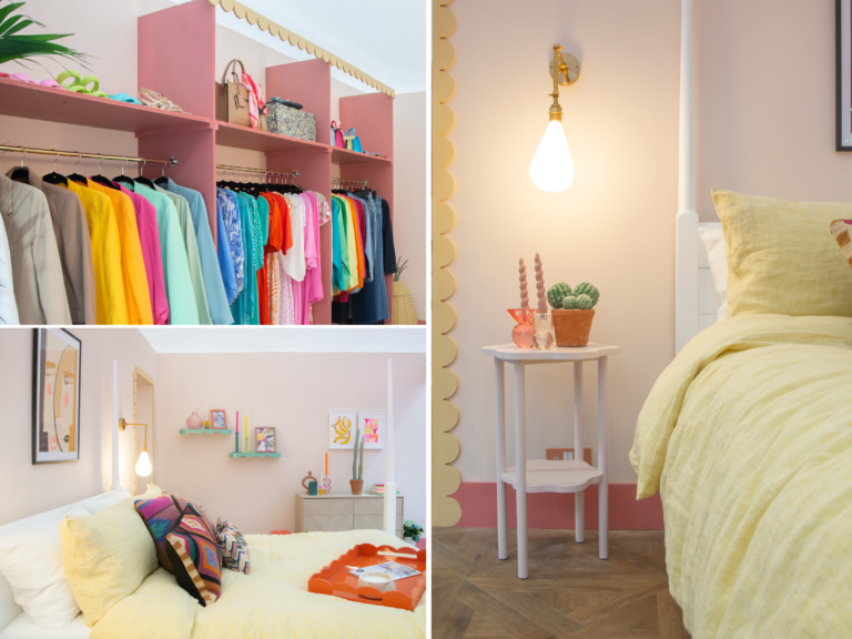 Close up photos of a colourful bedroom from three different angles.