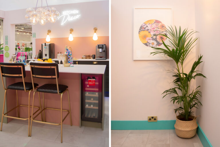 Two images of a bar style counter and a plant in the corner of a room.