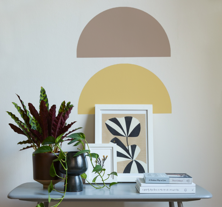 A table displaying framed art, books and two pot plants with two half circles painted on the wall.