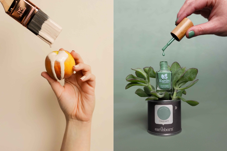 Paint brush dripping paint onto a peach held in a hand. Hand holding Earthy Nail Polish sitting in a plant that's potted in a paint tin.