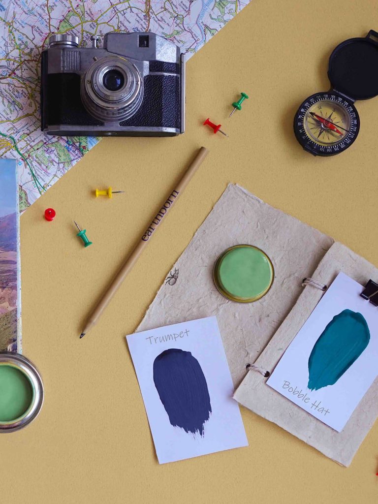 Adventure themed mood board with swatches of the best durable matt paint by Earthborn Paints.