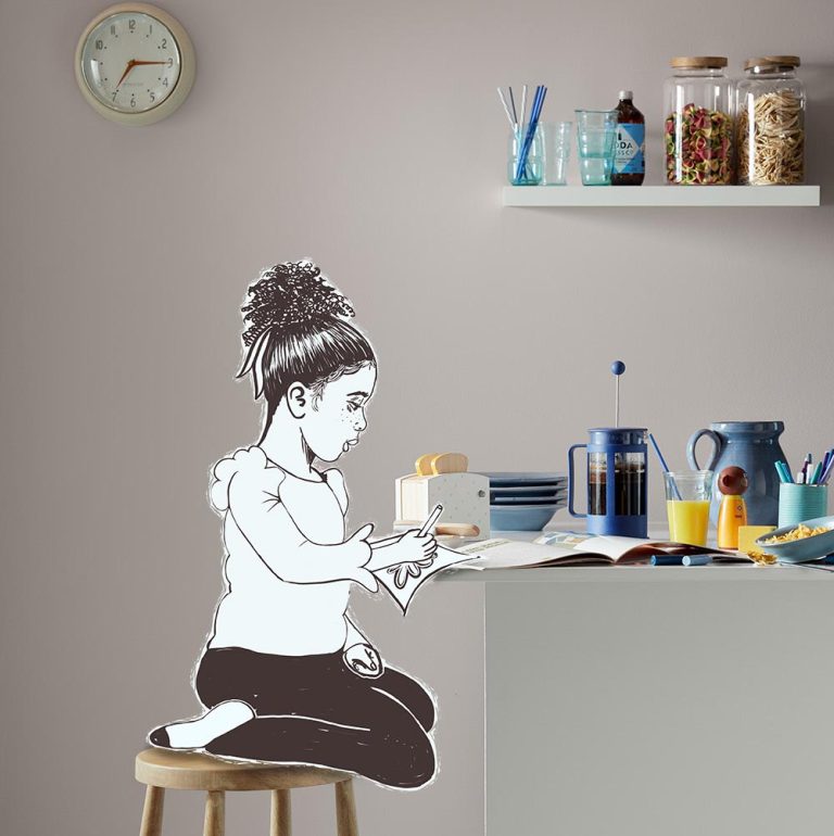 Illustrated girl in kitchen with our washable Lifestyle emulsion