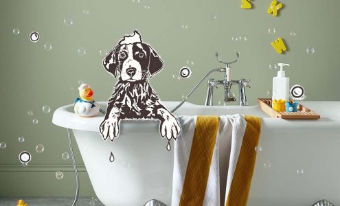 Illustrated dog in bath