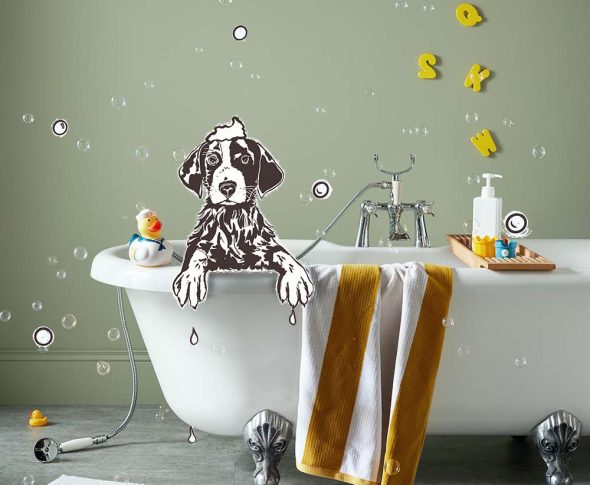 Illustrated dog in bath