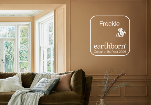 Colour of the Year 2026 Freckle painted on the wall in a living room with a couch.